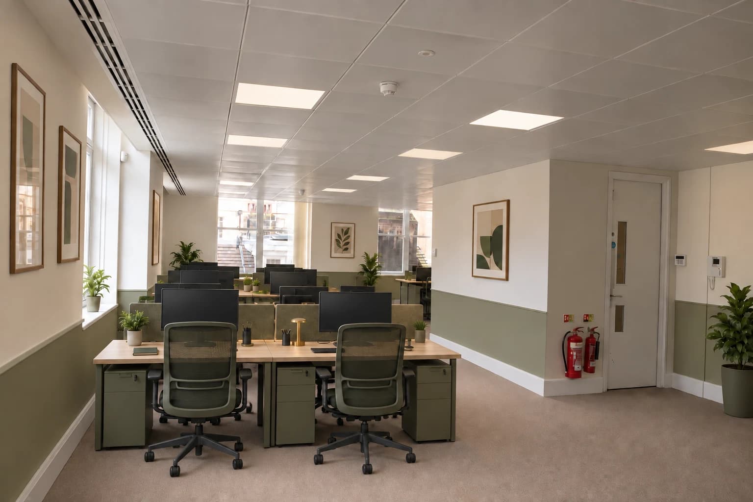 Indicative AI fit-out of the main workspace, with timber desk banks closer to the left-hand windows and the lobby door on the right